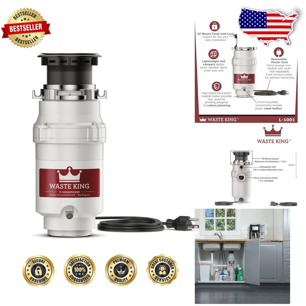 Compact 1/2 HP Garbage Disposal - Continuous Feed, EZ Mount, Plug-in, Reliable