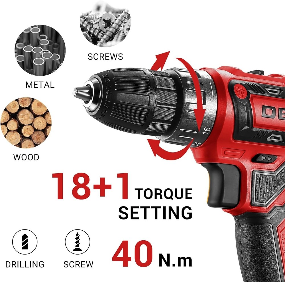 DEKO PRO 20V Electric Drill with Variable Speed & High Torque - Red Edition