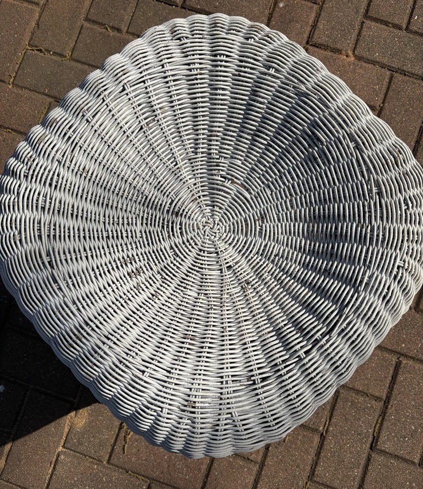 Vintage Victorian Boho White Wicker Ottoman Stool