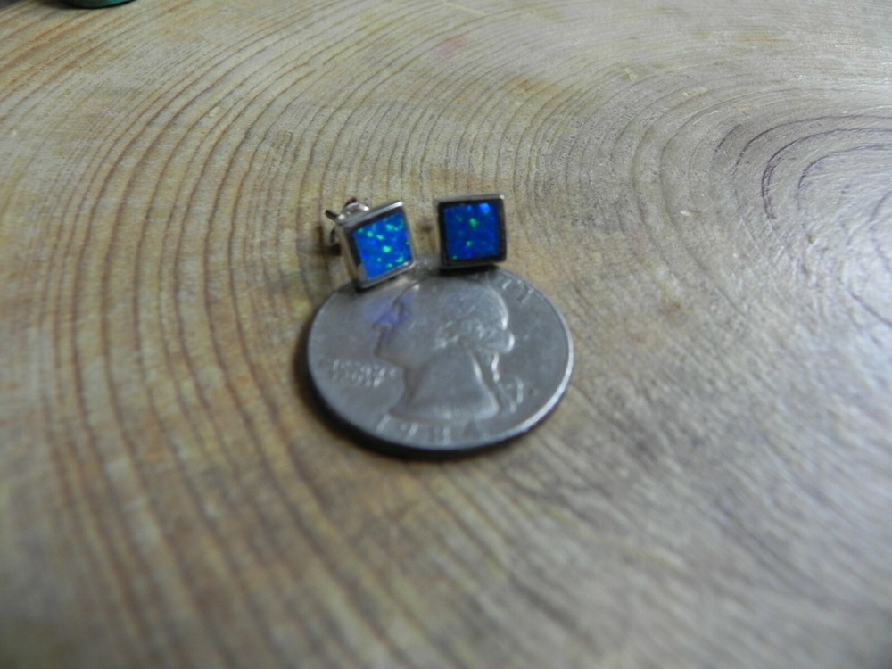 Blue Fire Opal & Sterling Silver .925 SQUARE Shape Stud Earrings