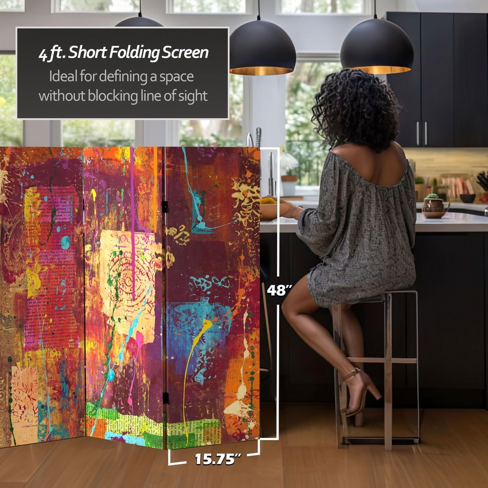 Red Lantern 4 ft. Short Double Sided India Canvas Folding Screen 3 Panel Free...