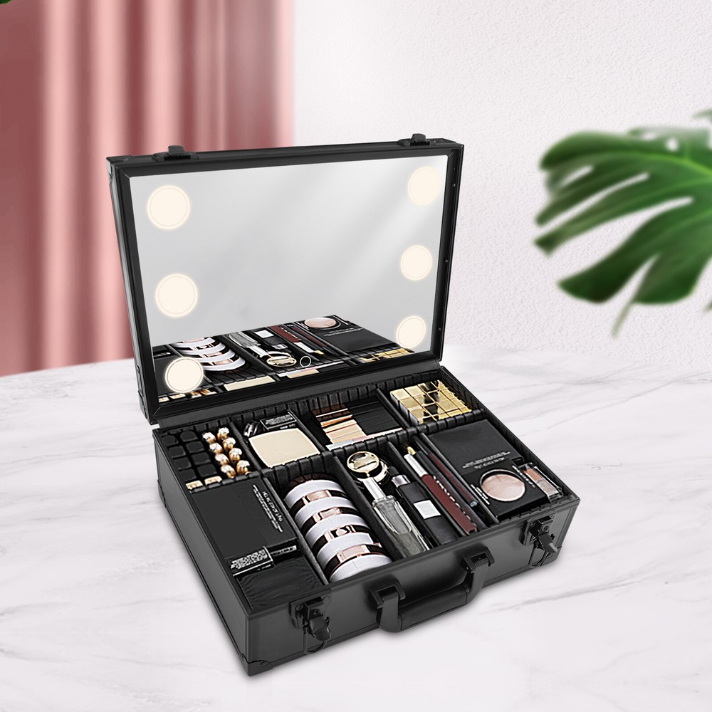 Large Makeup Train Case with LED Light & Mirror - Portable Organizer