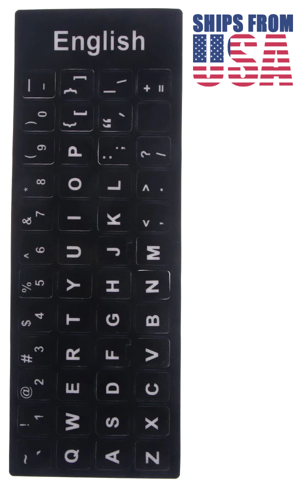 Replacement US English Keyboard Stickers - White on Solid Black, Durable