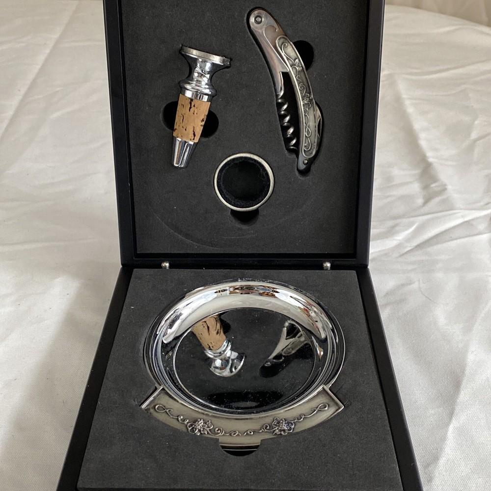 VTG 90s Grapevine Wine Accessory Set 4pc Corkscrew Stopper Drip Ring Coaster Box