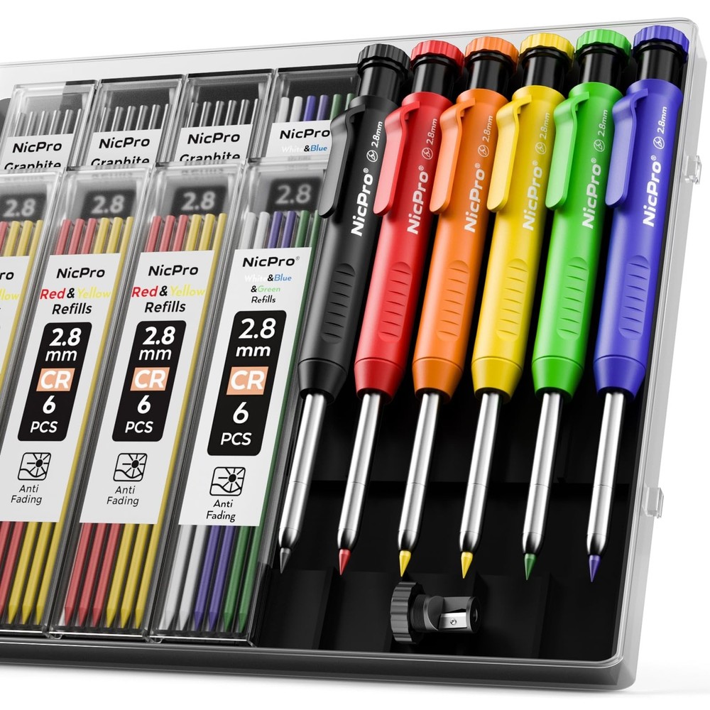 Nicpro 6 Pack Mechanical Carpenter Pencil with Sharpener & 54PCS Refills