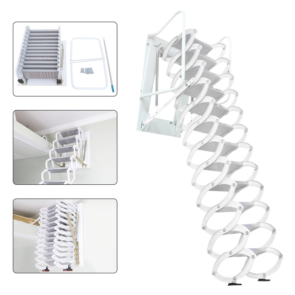 White Attic Ladder Loft Wall Folding Stairs 10.1ft Side-Mounted Pull Down Ladder