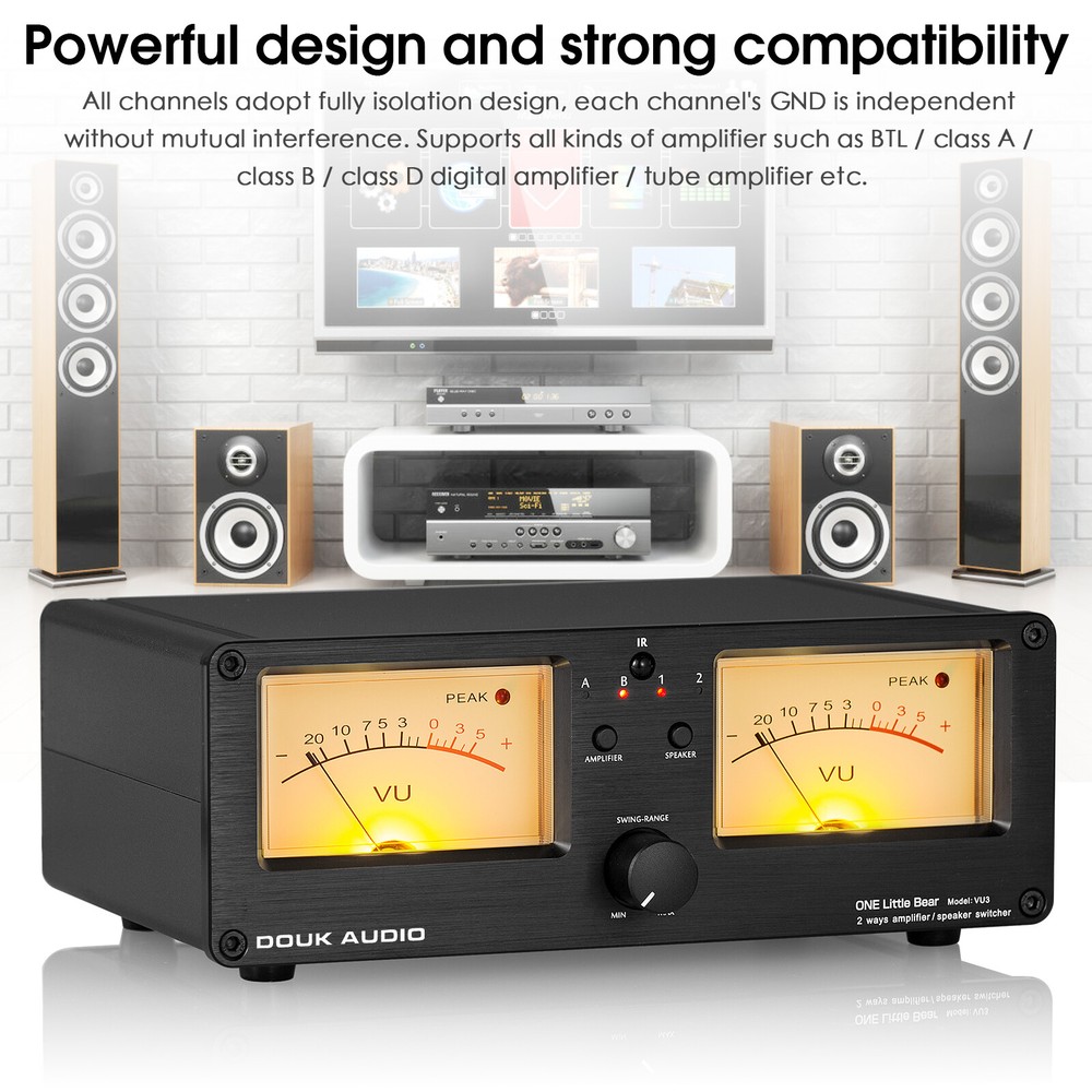 Douk Audio VU3 Amplifier/Speaker Selector Box Dual Analog VU Meter DB Display