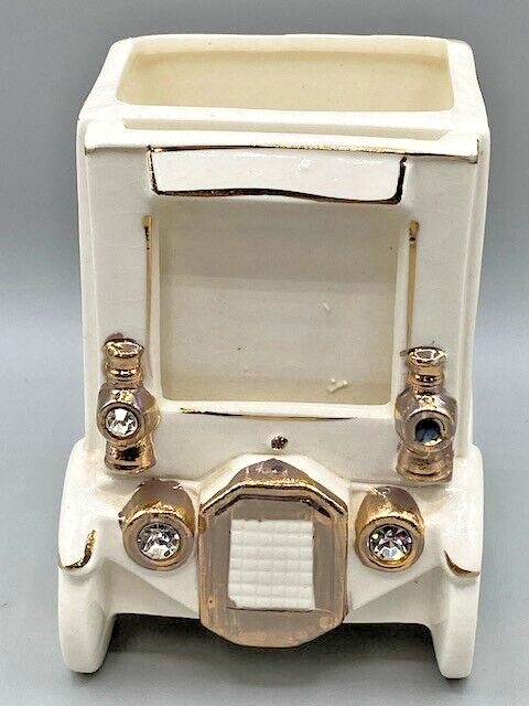 Vintage Commodore Planter Ceramic Car w/Frame White/Gold Pencils/Brushes/Holder