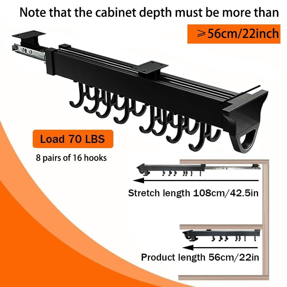 Pull Out Pot Rack, 22" Pull Out Pots and Pans Organizer with 16 Hook, Aluminu...