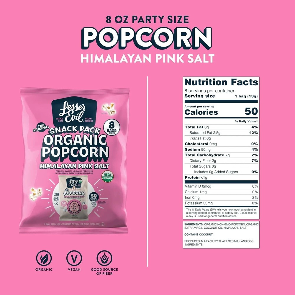 Lesser Evil Organic Himalayan Pink Salt 8 Pack Popcorn 0.46 oz - 2 Pack