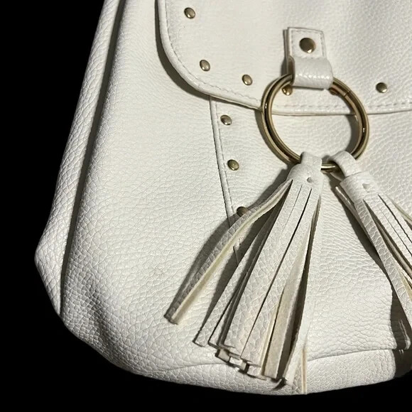 Mini Backpack White Justice Faux Leather Pebbled Tassels Adjustable Straps
