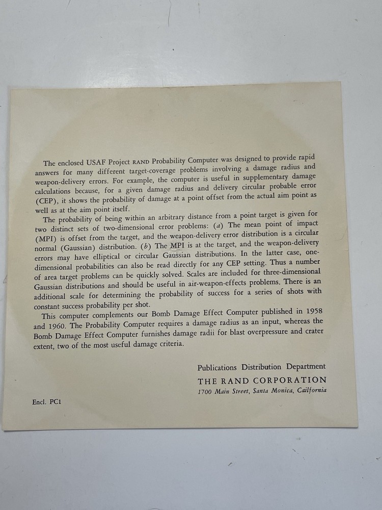 RAND Bombing Probability Computer with Envelope and paper USAF
