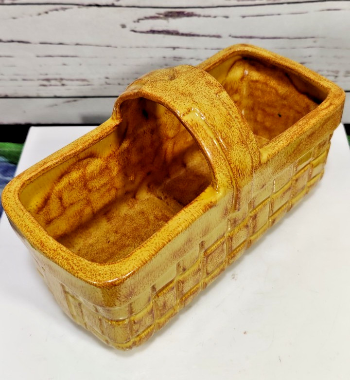 Vintage Golden Brown Painted Ceramic Rectangular Basket Shaped Planter