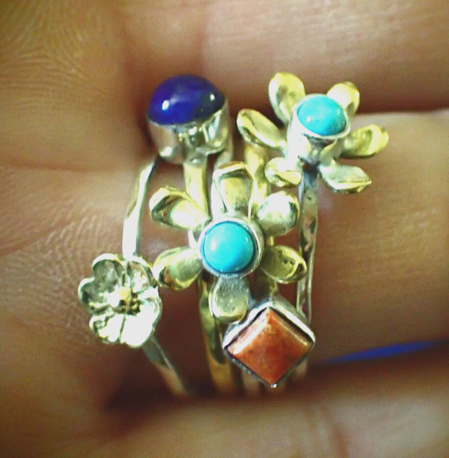 Stackable Ring - Lapis & Coral & Turq 925 Silver  s.9