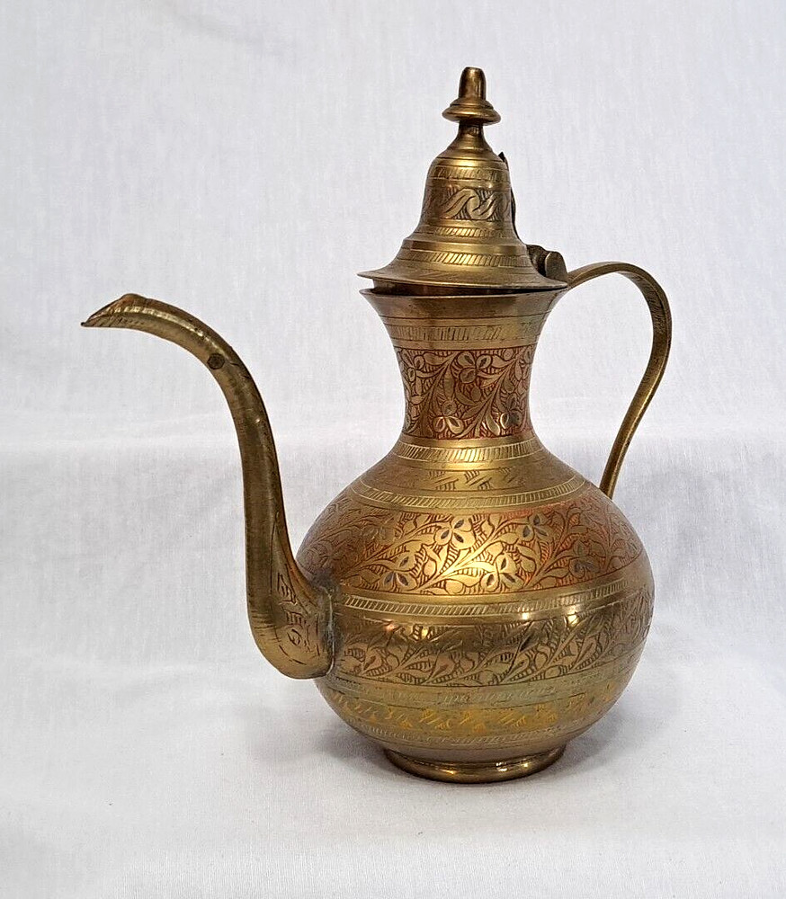 Vintage Solid Brass Teapot Made In India Hand Etched Red Yellow Signed