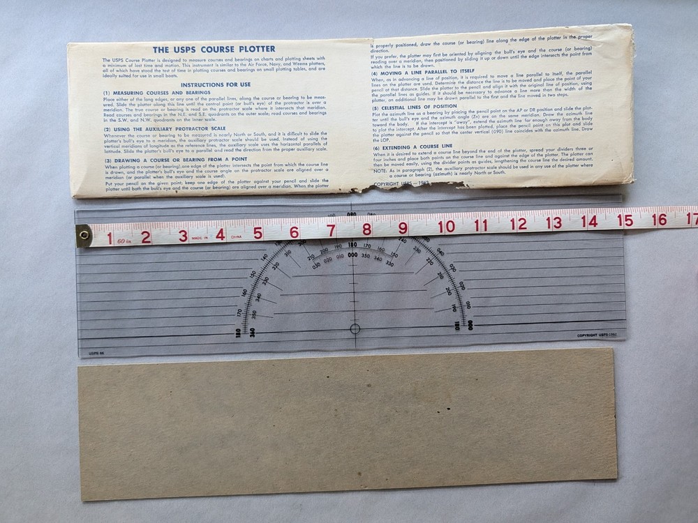 USPS 1960's Clear Nautical Navigation Course Plotter Ruler Tool W/ Sleeve