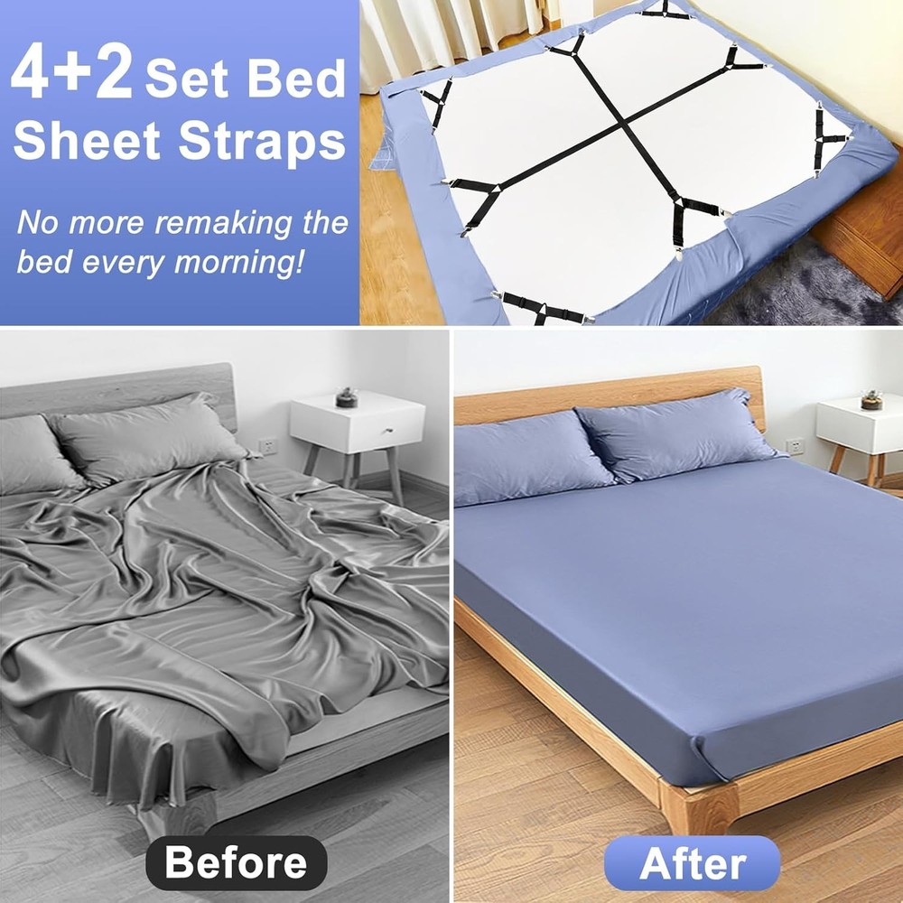 Bed Sheet Straps, 6 Pack Fitted Bed Sheet Fasteners Clips Adjustable Crisscro...