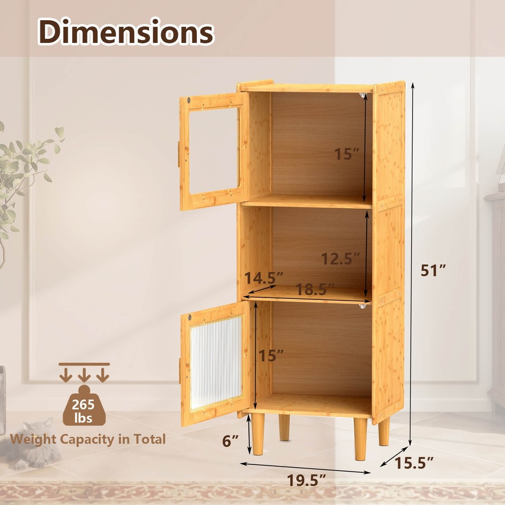 Bamboo Cabinet Narrow Kitchen Storage Cabinet w/ Open Compartment & Storage