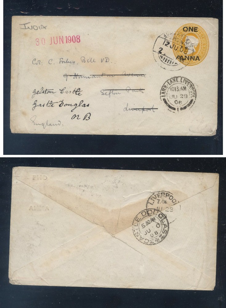 India  revalued  postal  envelope  to  England 1908