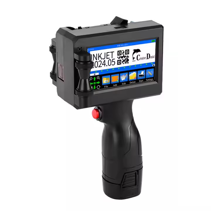 Handheld inkjet printer prints production date, logo text, barcode, QR code