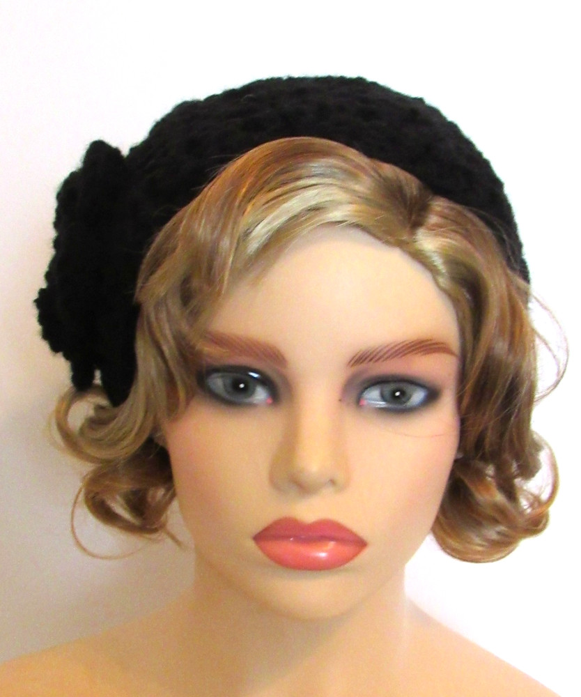 BOHO BEANIE HAT CAP SOLID BLACK OPEN WEAVE MESH HANDMADE CROCHET WITH FLOWER