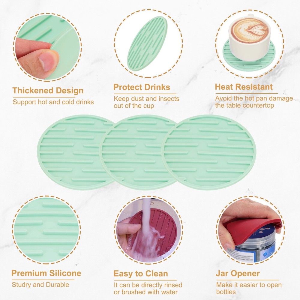 4pcs Silicone Coasters for Drinks, Round Cup Coasters Line Pattern Green