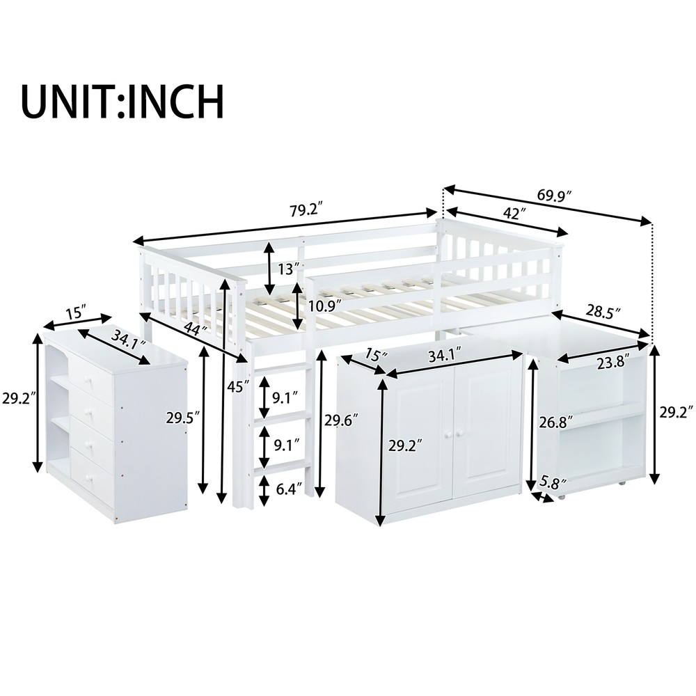 Twin Loft Bed With Storage Cabinet/Drawer/Shelf Cabinet/Pulling-Out Desk White