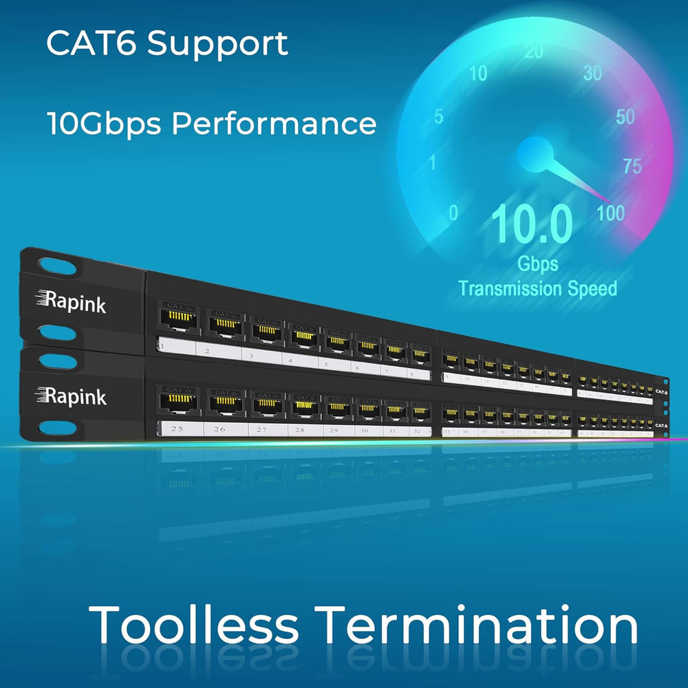 48 Port Cat6 Patch Panel with Inline Keystone 10G Support, Pass-Thru Coupler