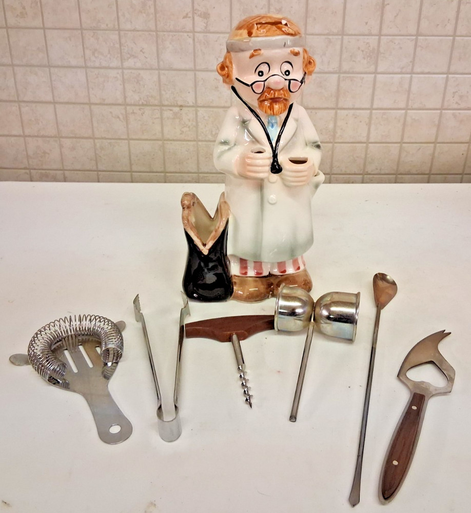 Vintage Cereamic Doctor Themed Bartender Caddy With Bartending Tools