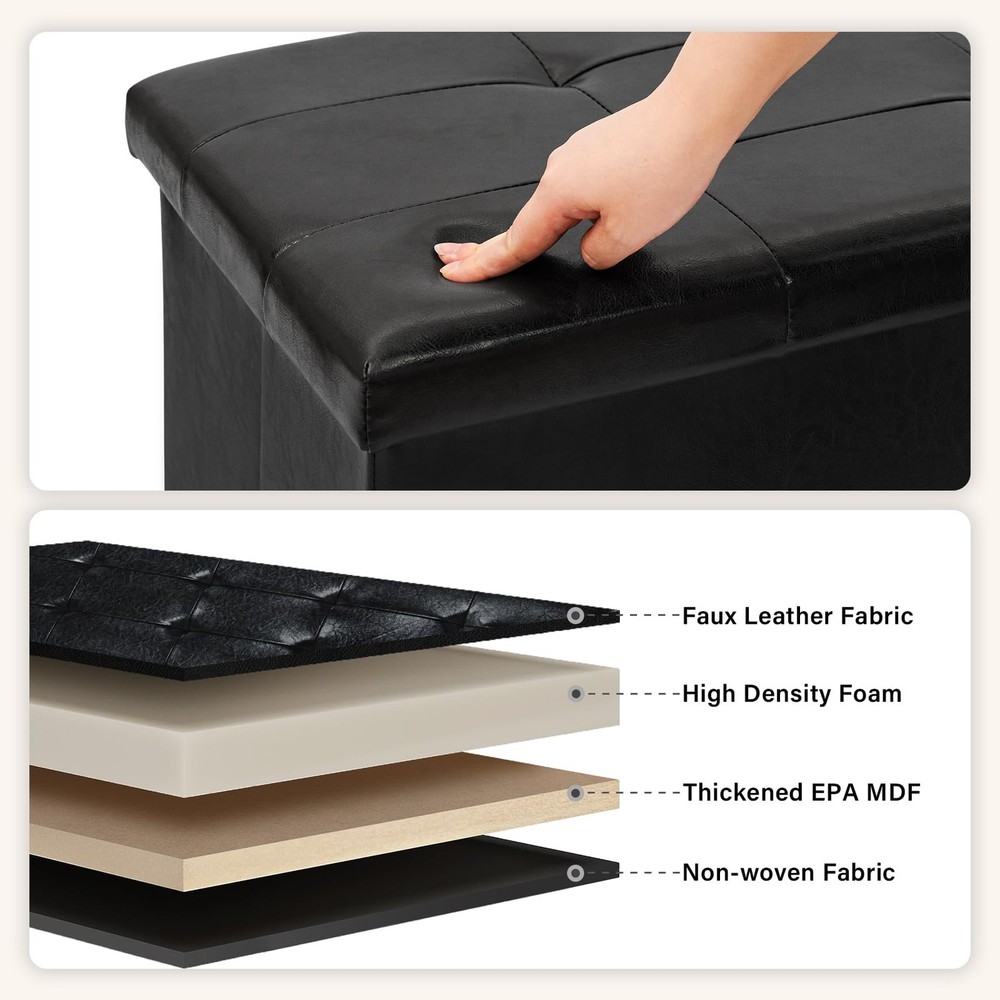 PINPLUS Folding Storage Ottoman Bench, Black Faux Leather Long Storage Chest wit