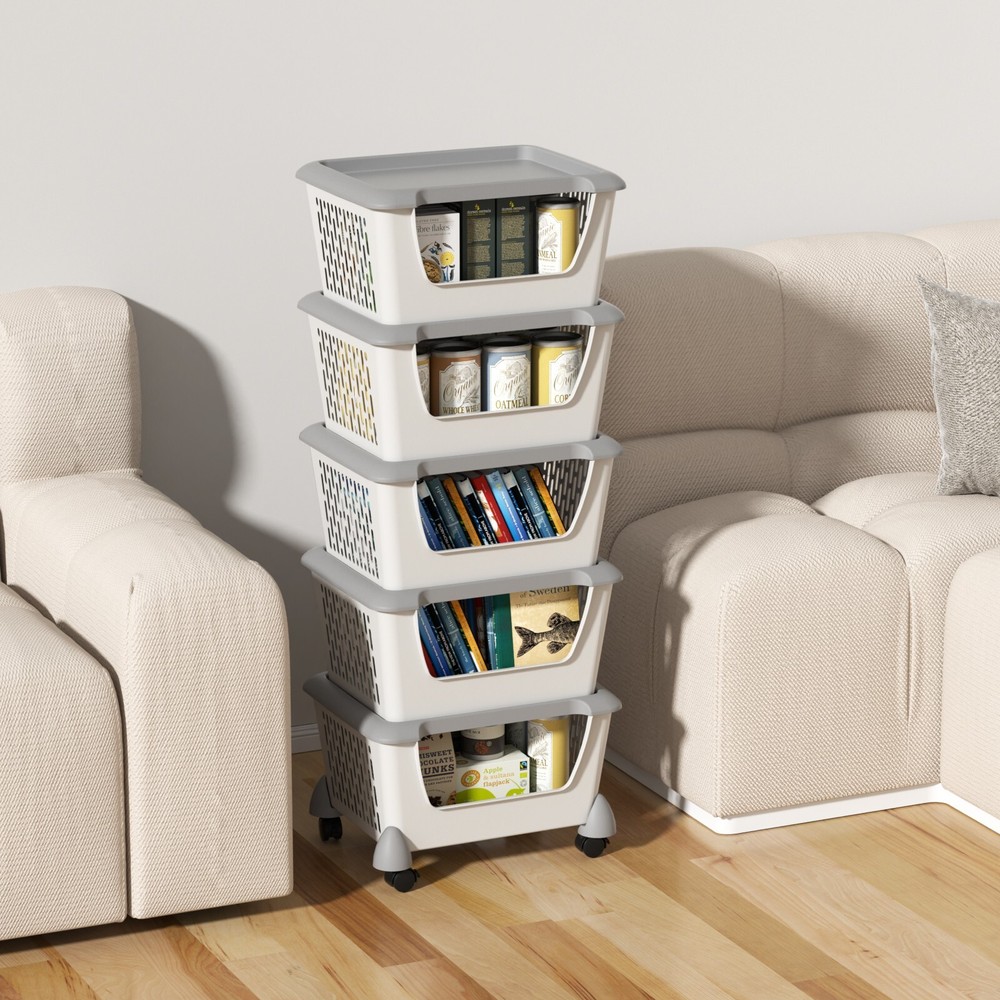 Mayish 5-Tier Stacking Storage Basket with Wheels, Stackable Plastic Baskets