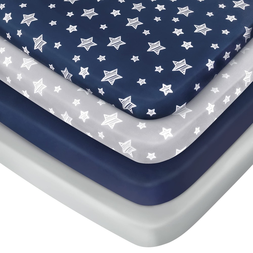 Pack and Play Sheets Boys, 4 Pack Mini Crib Sheets, Stretchy Pack and Play