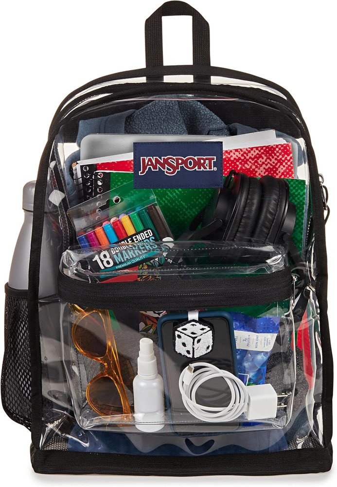Clear Pack – 25.5L Transparent Backpack, Large Main Compartment, Side Water Bott