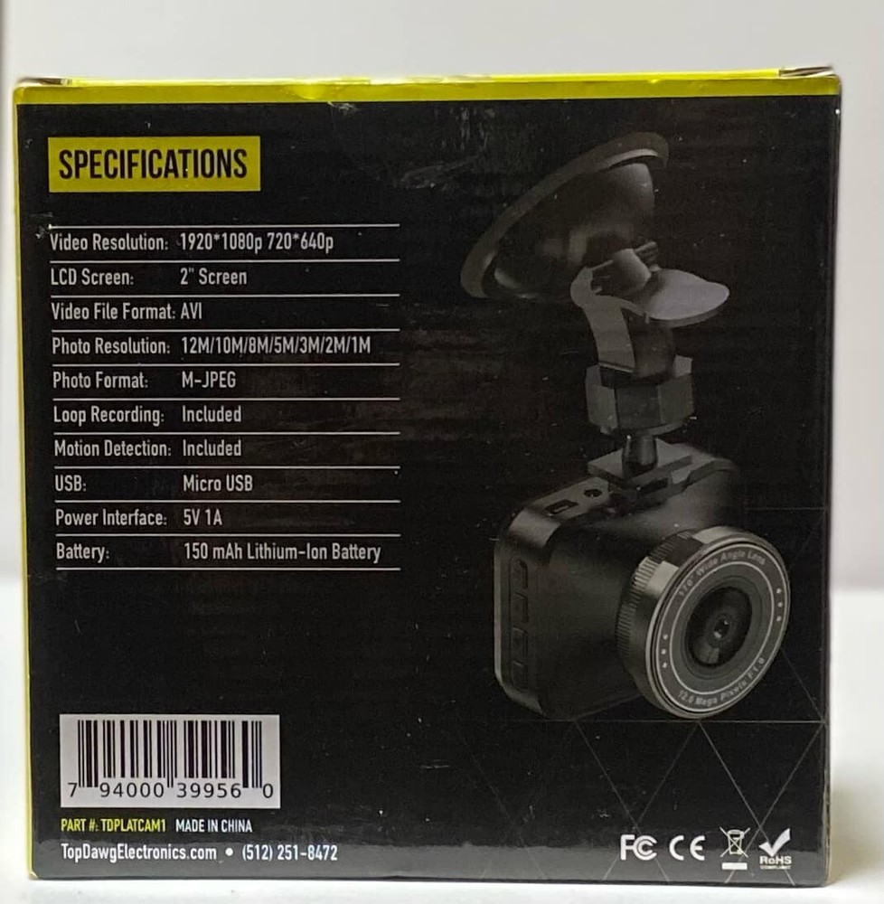 TD Electronics 1080P Platinum Dash Cam (Includes 8GB Memory)