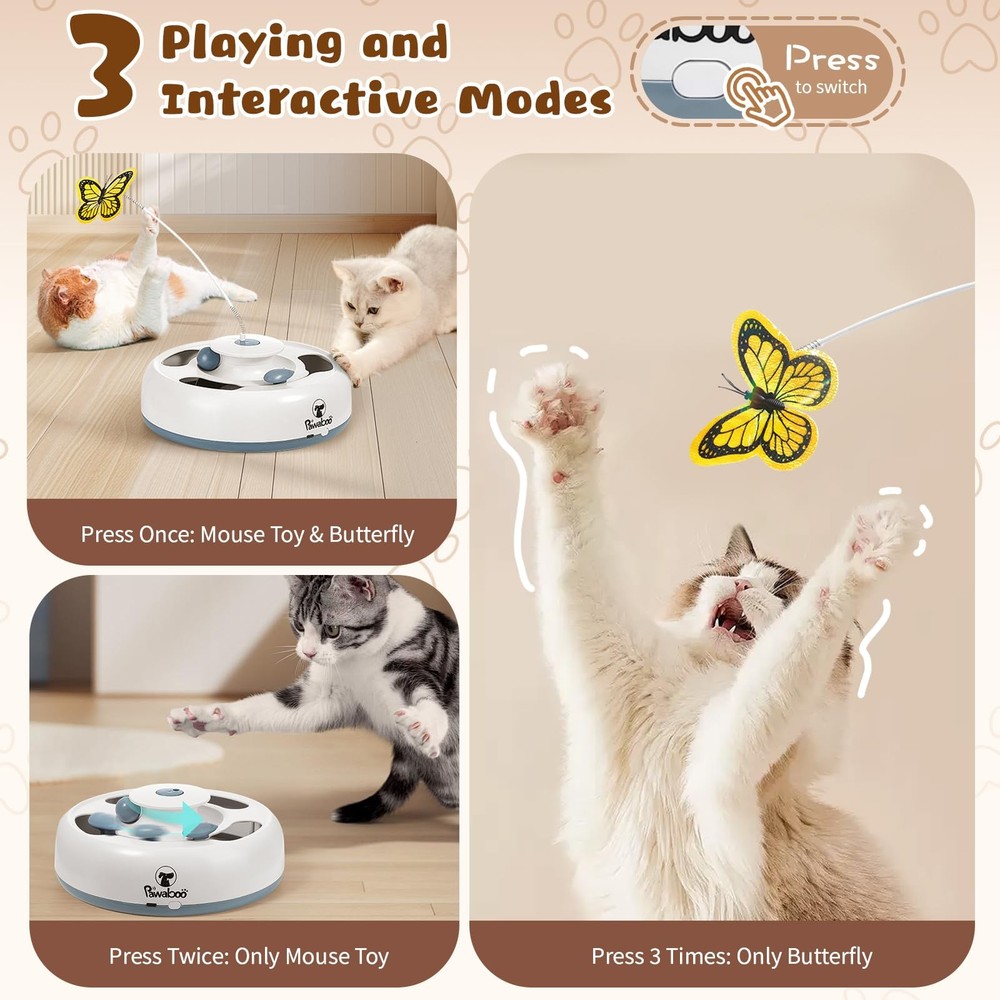 Pawaboo 3-in-1 Automatic Interactive Cat Toy, Electronic Motion White+Gray