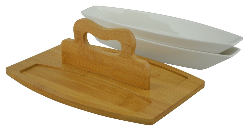 Whiteware Ceramic Double Serving Bowl on Bamboo Serving Board