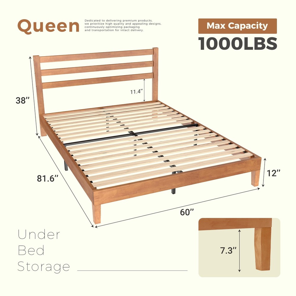 4 Sizes Solid Wood Bed Frame w/ Headboard Walnut Finish Wood Slat Support System