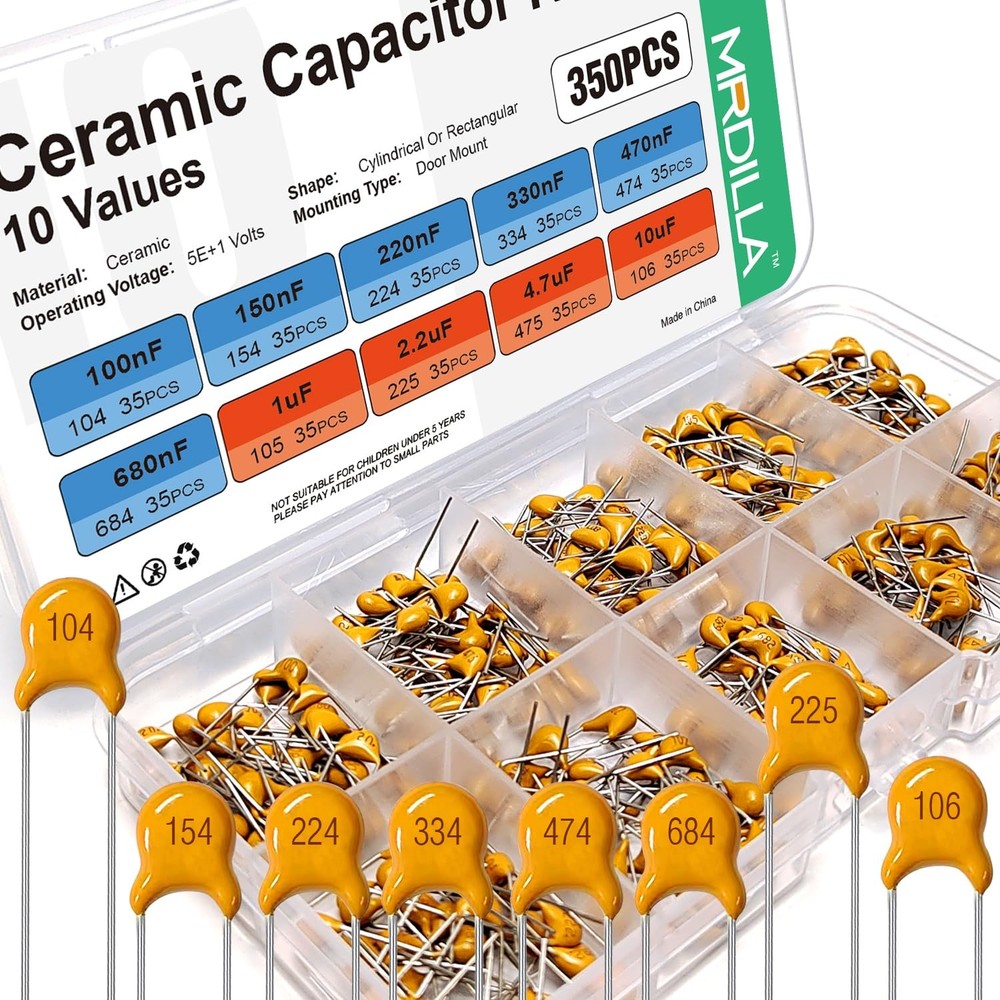 10 Values 350 Pcs Ceramic Capacitor Kit (100nF - 10uF), Multi-Layered Monolit...