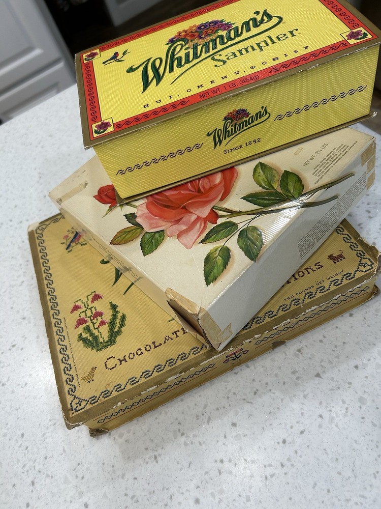 Two Vintage Whitman`sampler And One Russell Stover Candy Box EMPTY Boxes