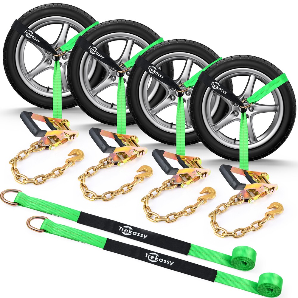 (4 Pk) Auto Hauler Car Flatbed Tie Down Kit Lasso Wheel Ratchet Straps w/ Chain