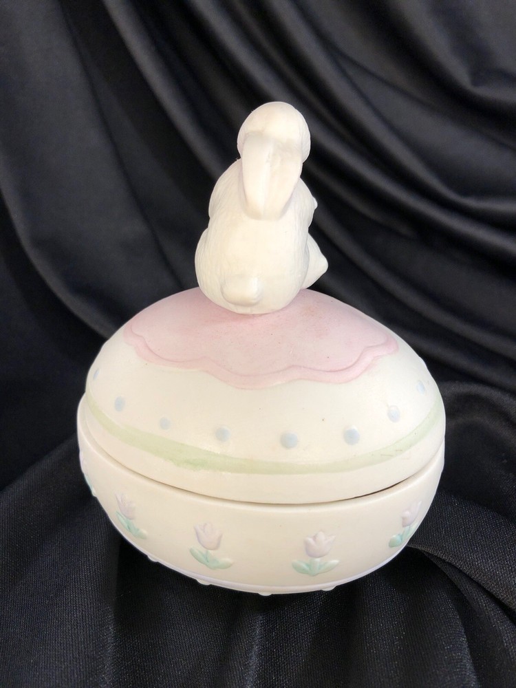 Vintage Hand Painted Easter Egg Bunny rabbit hugging baby Trinket Box