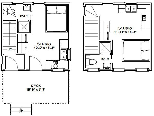 16x16 Tiny Duplex -- 441 sq ft -- PDF Floor Plan -- Model 23A