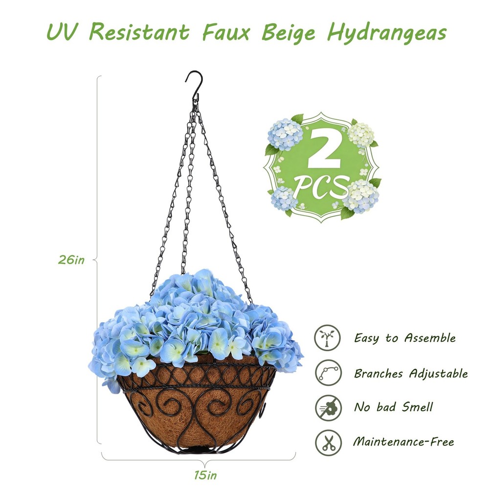 2 Pack Hanging Blue Hydrangea Artificial Flowers with 11in Basket, Outdoor Fa...