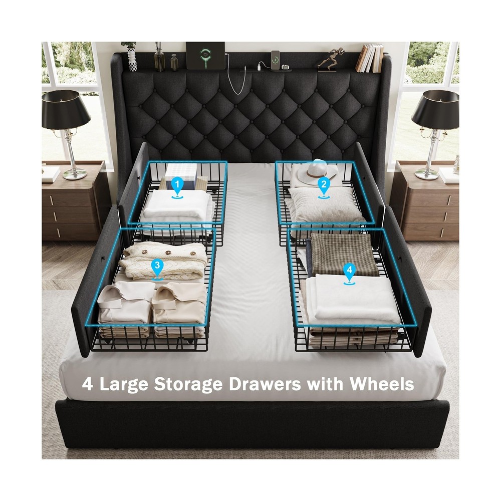 Queen Bed Frame with 4 Storage Drawers, Giant Upholstered Wingback Headboard,...