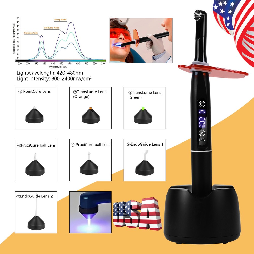 Dental Wireless LED Curing Light 1 Second Curing 2500mW/cm² with 7 Curing Lens