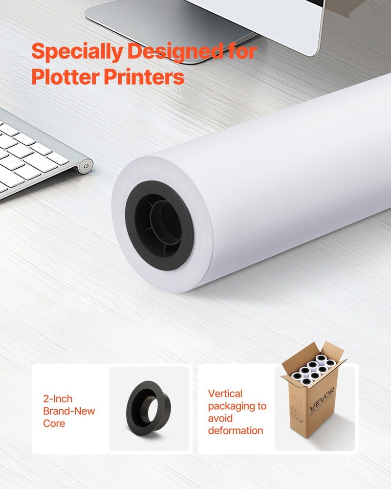 Wide Format Paper,24 inx150 ft Plotter Roll,8 Rolls CAD Bond Rolls w/2 in Core,2