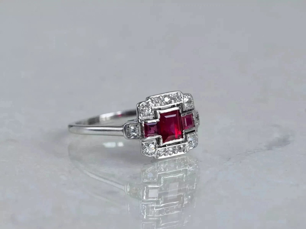 Art Deco Style Ruby & Lab Created Diamond 14k White Gold FN Wedding Gift Ring