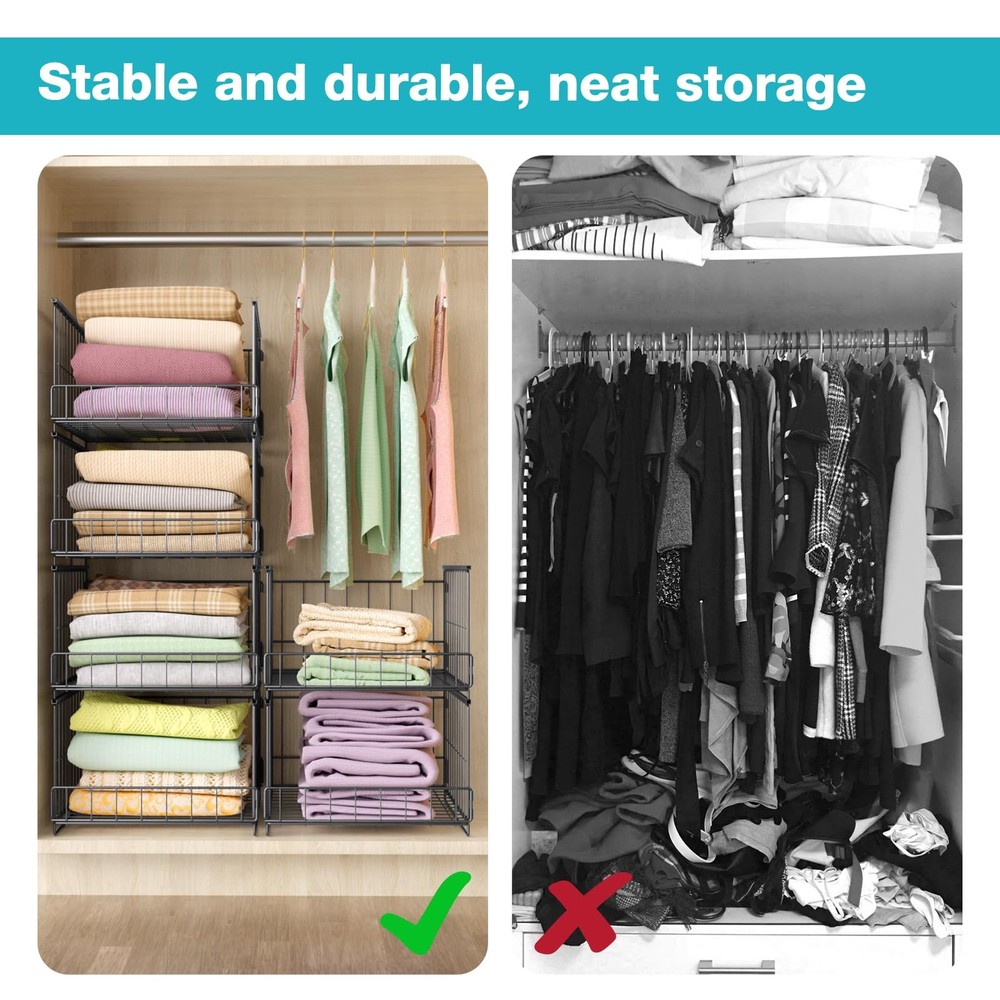 4-Tier Stackable Closet Storage Bins Foldable Organizer Shelves for Wardrobe,...