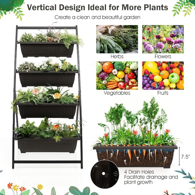 2Pcs 5.2FT Vertical Raised Garden Bed 4-Tier Elevated Planter Box W/4 Containers