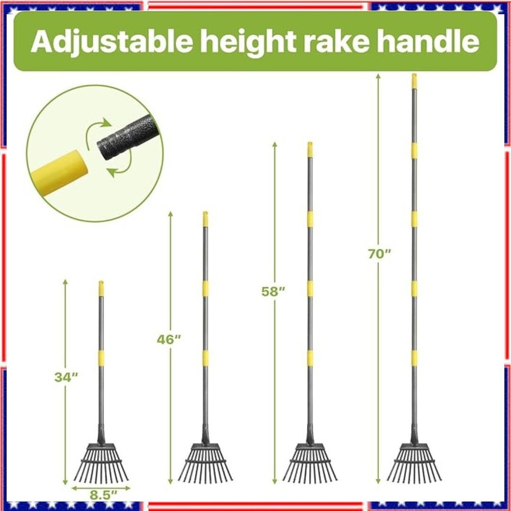 Adjustable Garden Leaf Rake 70 Foldable Metal Yard Rake for Leaves with Exp